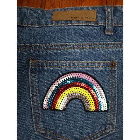 WOMEN'S DENIM JEANS SHORTS - RAINBOW SEQUINS POCKET - LIQUOR N POKER PETITE 12 - Picture 5 of 5